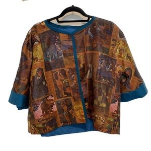 70s women Paul Gauguin print vintage silk top